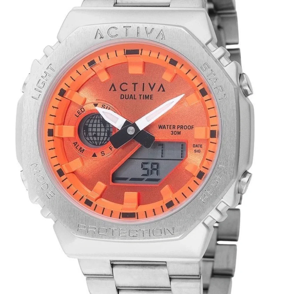 New ACTIVA x INVICTA DIGITAL ESSENTIALS Unisex 45.5mm Alloy Silver / Orange Face